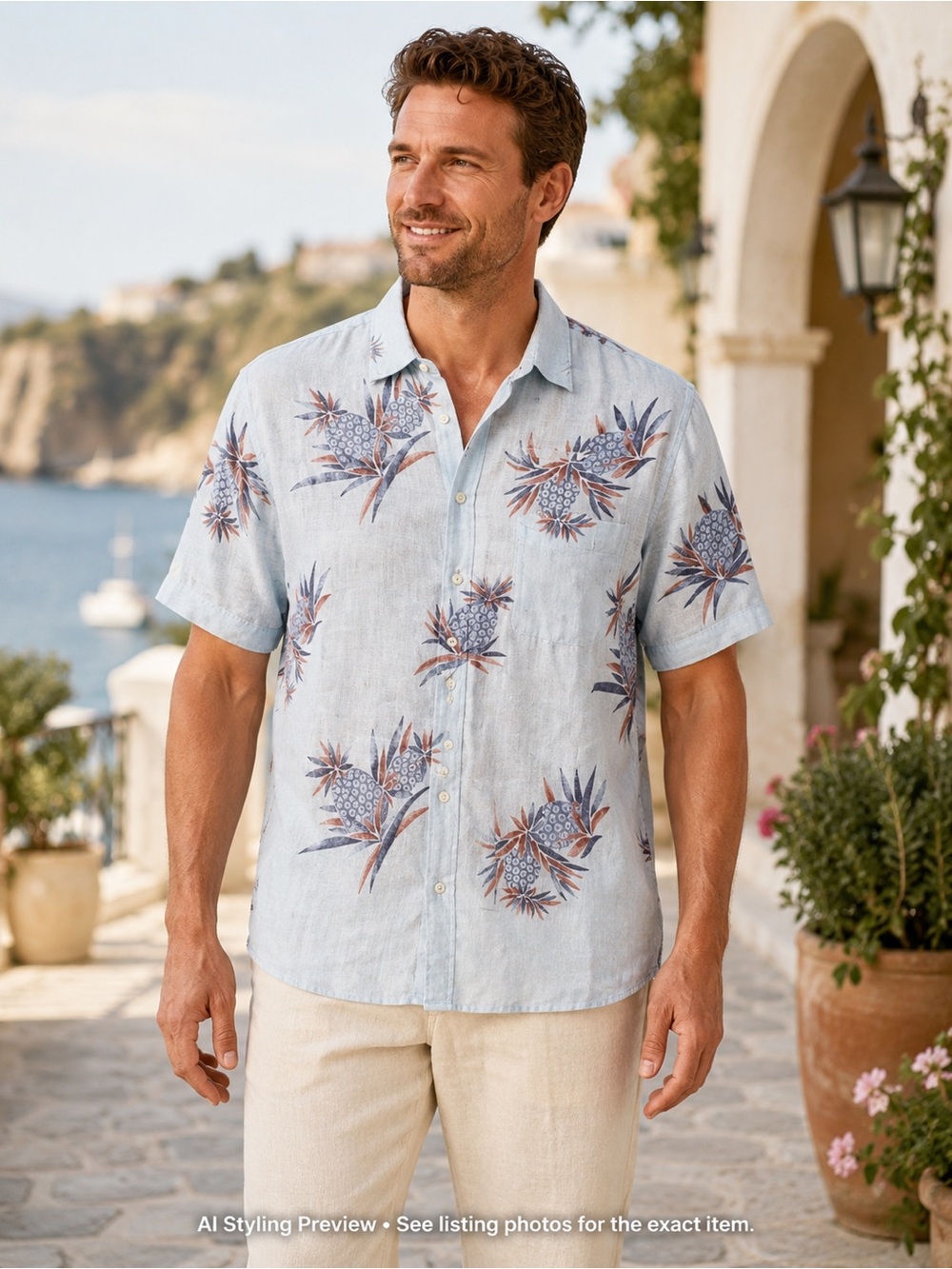 Tommy Bahama XL Tall Blue Linen Pineapple Print Resort Shirt
